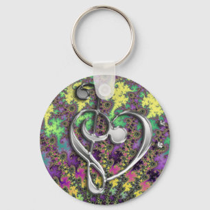 Music Treble Bass Clef Heart on Colourful Fractal Key Ring