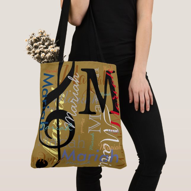 Music Treble Clef Note Monogram with Colour Names Tote Bag (Close Up)