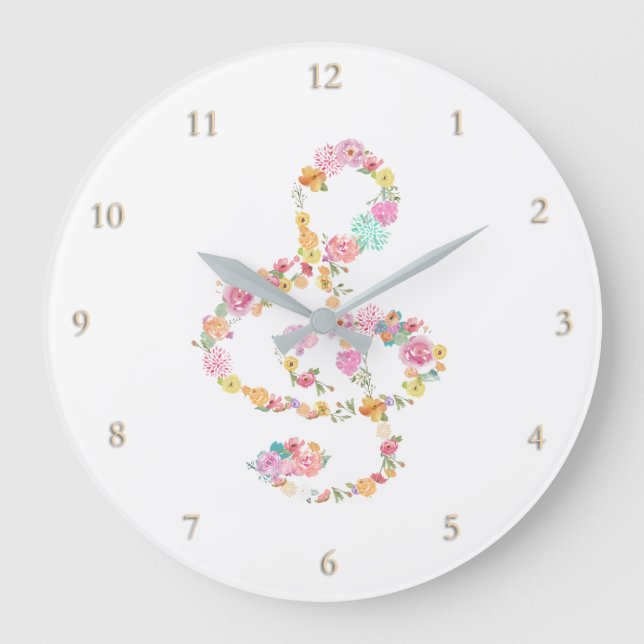 music treble clef watercolor flowers large clock (Front)