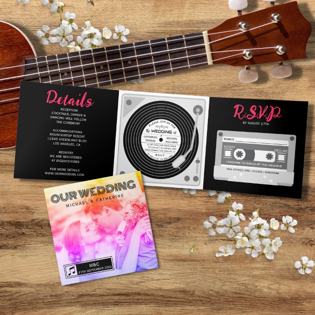 Music Vinyl Record DJ turn table Cassette Wedding  Tri-Fold Invitation (Creator Uploaded)