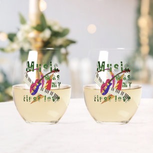 Music Was My First Love – Retro Guitar & Keyboard  Stemless Wine Glass