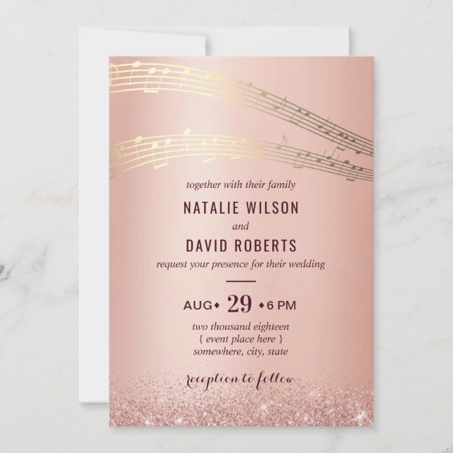 Music Wedding Modern Rose Gold Background Invitation (Front)