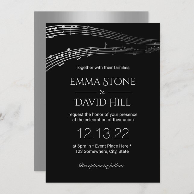 Music Wedding Party Elegant Black & Silver Invitation (Front/Back)