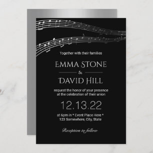 Music Wedding Party Elegant Black & Silver Invitation