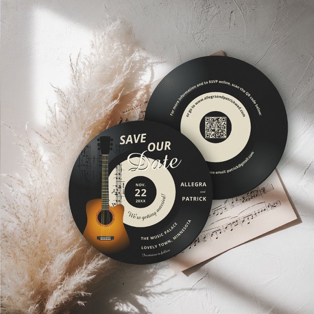 Music Wedding Save the Date Vinyl Festival QR Code (music wedding save the date musician vintage vinyl record partition notes guitar QR ecru black)