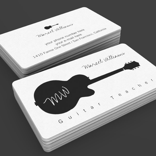 Music White Business Card with a blk. Guitar (Creator Uploaded)