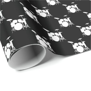 Music White Drum Set on Black Wrapping Paper
