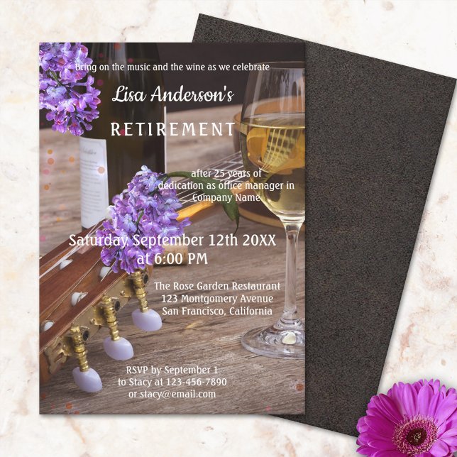 Music Wine and Lilac Flowers Retirement Invitation (Creator Uploaded)
