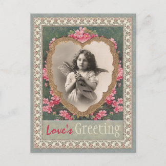 Musical angel in a gold heart CC0787 Valentine Holiday Postcard