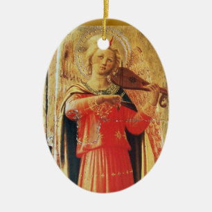 MUSICAL ANGEL  IN RED AND GOLD Ruby Gem stone Ceramic Tree Decoration
