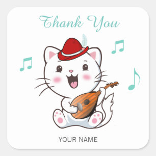 Musical Bard Cat with Mandolin Thank You Square St Sticker