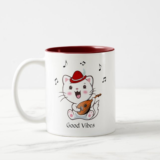 Musical Bard Kitty Cat with Mandolin Two-Tone Coff Coffee Mug (Left)