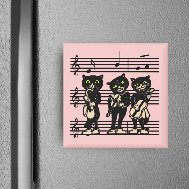 Musical Black Cats Magnet (Three jazz musicians black cats green eyes on sheet music on pink square magnet.)