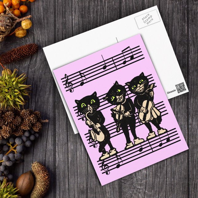 Musical Black Cats Postcard (Three black musical cats standing on black sheet music on pink postcard.)