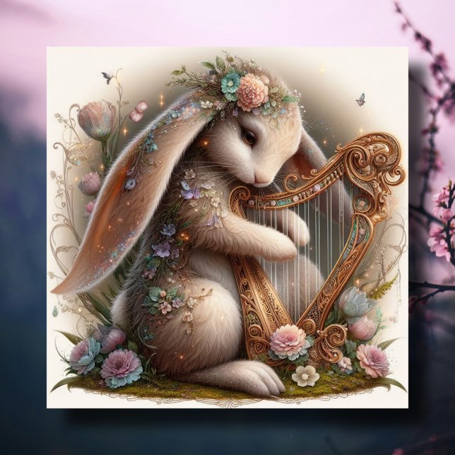 Musical Bunny Flowers Fantasy Art Easter Holiday Card (Creator Uploaded)