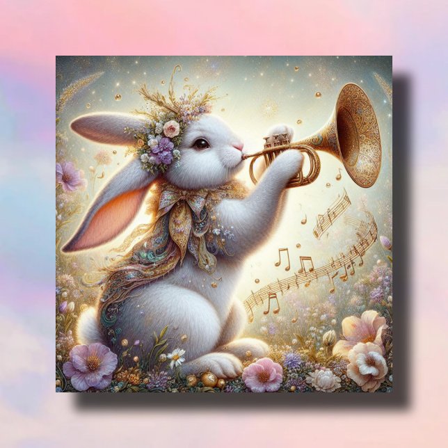 Musical Bunny Horn Pastel Flowers Easter Holiday Card (Creator Uploaded)
