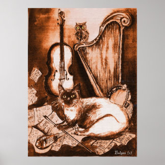 MUSICAL CAT AND OWL ,Brown and White Poster
