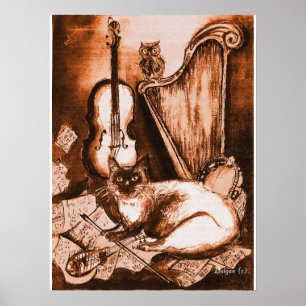 MUSICAL CAT AND OWL  ,Brown and White Poster