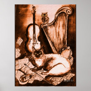 MUSICAL CAT AND OWL  ,Brown and White Poster
