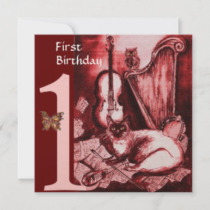 MUSICAL CAT First Birthday Party, Red Champagne Invitation