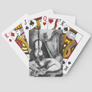 MUSICAL CAT,OWL,VIOLIN AND HARP Black White Music  Playing Cards