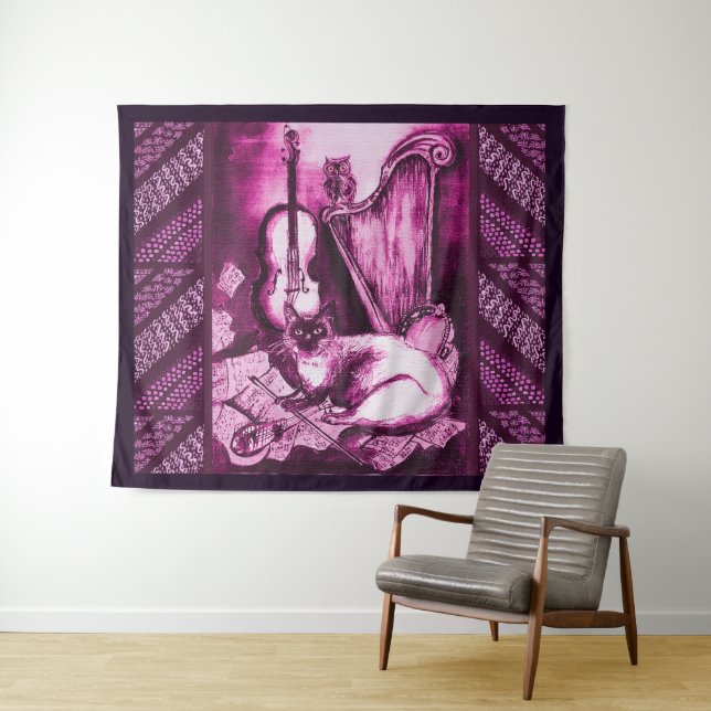 MUSICAL CAT,OWL,VIOLIN AND HARP Pink Purple Music Tapestry (In Situ (Horizontal))