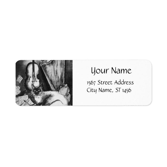 MUSICAL CAT,OWL,VIOLIN,HARP Black White Grey Music (Front)