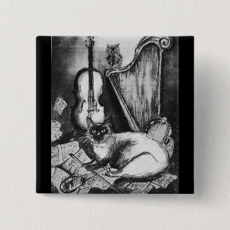 MUSICAL CAT,OWL,VIOLIN,HARP Black White Grey Music 15 Cm Square Badge