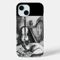 MUSICAL CAT,OWL,VIOLIN,HARP Black White Grey Music