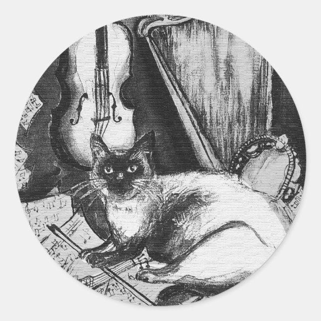 MUSICAL CAT,OWL,VIOLIN,HARP Black White Grey Music Classic Round Sticker (Front)