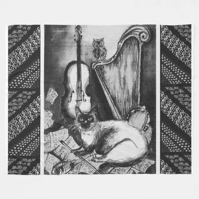 MUSICAL CAT,OWL,VIOLIN,HARP Black White Grey Music Fleece Blanket (Front (Horizontal))