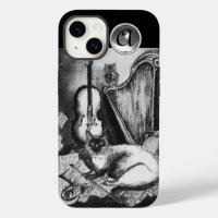 MUSICAL CAT,OWL,VIOLIN,HARP Black White Grey Music