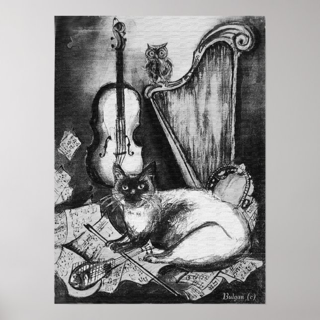 MUSICAL CAT,OWL,VIOLIN,HARP Black White Grey Music Poster (Front)
