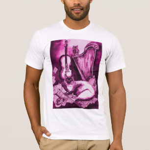 MUSICAL CAT , Pink Fuchsia Purple and White T-Shirt