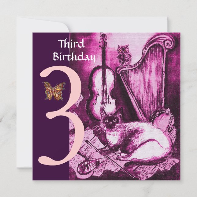 MUSICAL CAT Pink Fuchsia Third Birthday Party Invitation (Front)