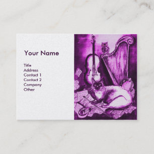 MUSICAL CAT, Purple and White  Pearl Paper Business Card