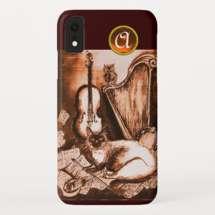 MUSICAL CAT WITH OWL IN BROWN SEPIA  GEM MONOGRAM Case-Mate iPhone CASE
