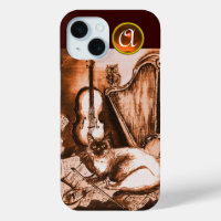 MUSICAL CAT WITH OWL IN BROWN SEPIA  GEM MONOGRAM