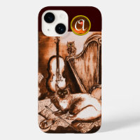 MUSICAL CAT WITH OWL IN BROWN SEPIA  GEM MONOGRAM