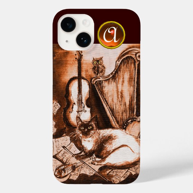 MUSICAL CAT WITH OWL IN BROWN SEPIA  GEM MONOGRAM Case-Mate iPhone CASE (Back)