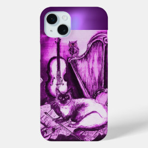 MUSICAL CAT WITH OWL IN PINK PURPLE GEM iPhone 15 MINI CASE