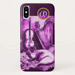 MUSICAL CAT WITH OWL IN PINK PURPLE GEM MONOGRAM iPhone X CASE