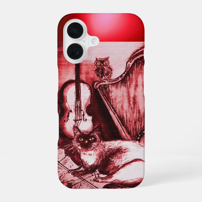 MUSICAL CAT WITH OWL IN RED RUBY GEM iPhone 16 CASE (Back)