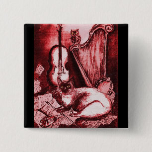 MUSICAL CAT WITH OWL ,Red ,White Black 15 Cm Square Badge