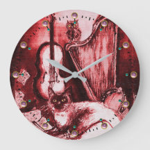 MUSICAL CAT WITH OWL VIOLIN AND HARP ,RED WHITE