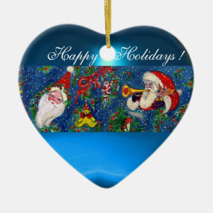 MUSICAL CHRISTMAS NIGHT SANTA BUGLER BLUE HEART CERAMIC TREE DECORATION