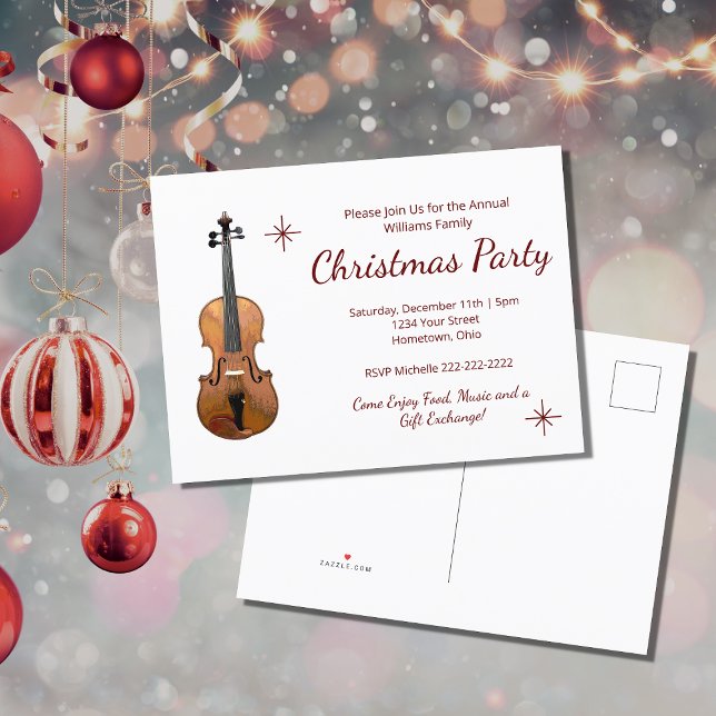 Musical Christmas Party Elegant Violin  Invitation Postcard (Creator Uploaded)