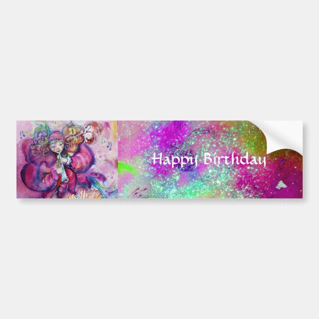 MUSICAL CLOWN ,PINK PURPLE SPARKLES Happy Birthday Bumper Sticker (Front)