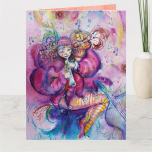 MUSICAL CLOWN WITH PINK SPARKLES Happy Birthday Card