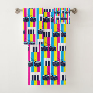 Musical Drums Piano Keys Colourful Stripes Modern Bath Towel Set